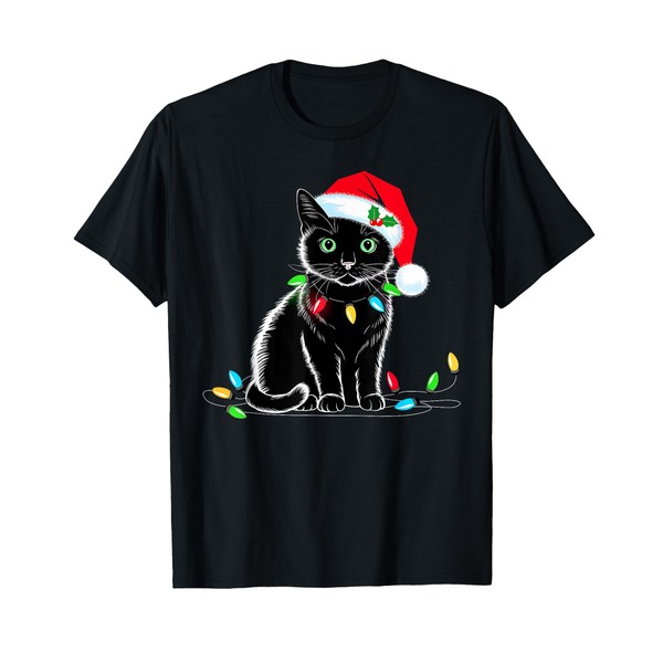 Black Cat Christmas Lights Santa Hat Funny Xmas Cat Lover