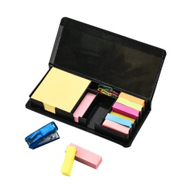 Arpan Deluxe Sticky Memo Note Desk Organiser Box Set with Index Bookmark with 1 Mini Staple & 20pc Clips - Faux Leather Look