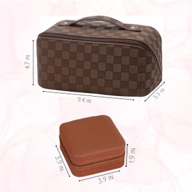Travel Makeup Bag with Jewelry Organizer PU Leather Portable Toiletry Case for Women Stylish Design (Dark brown)