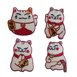 Cute Lucky Cats Patch, 4PCS Japanese Fortune Cat Iron On Patch, Decorative Embroidered Self-Adhesive Patches for Bag Hats Backpack Shoes Clothes