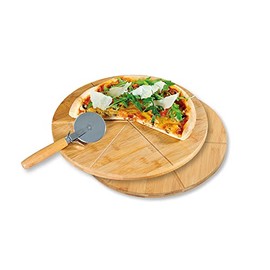 Kesper 58465 Pizza Plates with 1 Pizza Cutter, Material: FSC®-Certified Bamboo, Dimensions: Diameter 32 cm, Thickness: 1 cm, Colour: Brown
