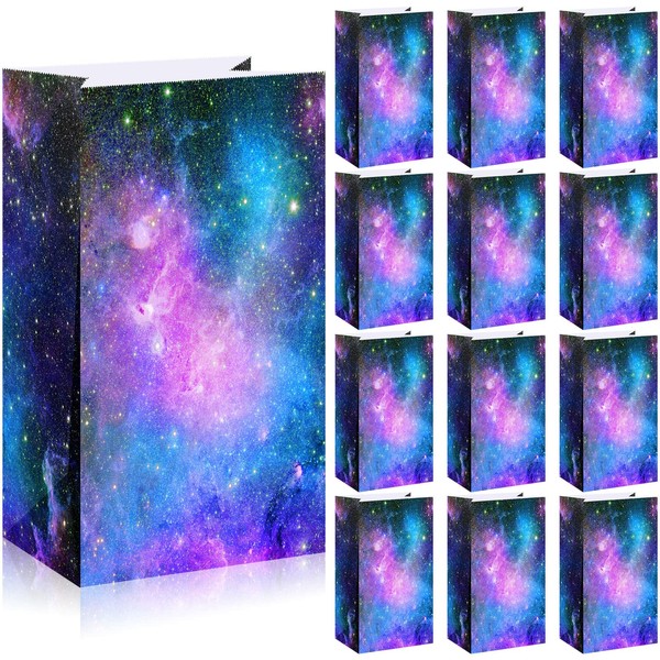28 Pack Galaxy Party Favor Paper Bags, Space Galaxy Print Candy Favor Bags Goodie Popcorn Treat Bags Solar System Planet Present Wrapping Bags for Kids Birthday Space Galaxy Party Supplies