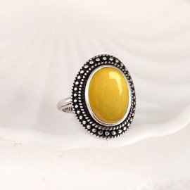 Retro Sterling Silver Yellow Citrine Quartz Jasper Ring,Antique Vintage Natural Real Genuine Oval Crystal Gem Stone Boho Bohemian Jewelry for Women (A10_Yellow Citrine Quartz, 10)
