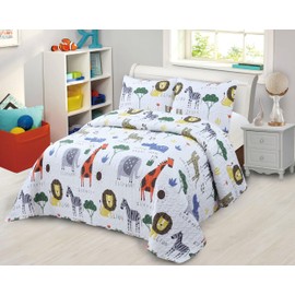 Elegant Home Kids Multicolor Lions Elephants Giraffes Zebras Trees Zoo Animal Kingdom Safari Themed Coverlet Bedspread Bedding Set Perfect for Kids Boys Teens # Jungle (Full/Queen)