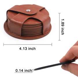 TOSSOW Coasters for Drinks, PU Leather Coaster 8 Pcs with Holder, Durable and Non-Slip Coaster for Protection Tabletop, Wooden Table, Desk, Bar, Coasters Fit All Cups (Brown)