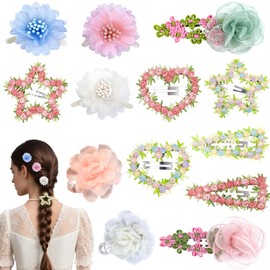 13PCS Mixed Floral Hair Clip Set - 3 Camellia Claws (Pink/Blue/White), 2 Pink-Green Tulle Clips, 6 Flower Barrettes (Heart/Star), 2 Pearl Mesh Clips, Spring Wedding Party Accessories