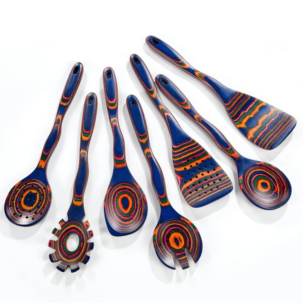 LSFCHUJU Kitchen Utensil Set, 7-Piece Coloured Wood Cooking Utensils, Cooking