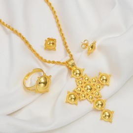 ETH-JE-G Ethiopian Jewelry for Women Set Ethiopian Traditional Jewelry Eritrean Jewelry Ethiopian Cross Necklace Earrings Rings African Party Jewelry Set Women Accessories (Gold Rope)