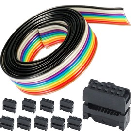 DAOKAI 5m/16.4ft Rainbow Ribbon Cable 10 Pin IDC Cable Kit PVC and Copper Compatible with 2.54mm Connectors with FC-10P IDC Female Connectors