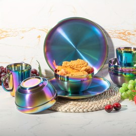 JEPISADI Stainless Steel Dinnerware Set - Plates and Bowls Set With Coffee, Pasta, Kitchen Utensils - KITCHEN AND DINING Essentials- is Dishwasher Safe and Microwave Safe （Rainbow）