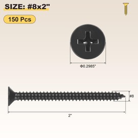 METALLIXITY Countersunk Phillips Wood Screw (#8x2") 150Pcs, 304 Stainless Steel Coarse Thread Phillips Drive Flat Head Wood Screws - for Furniture Installation Repair, Black