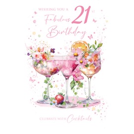 Cherry Orchard Luxury 21st Birthday Card for her, Milestone Birthday card From, Cocktail design finished with Beautiful pink foil