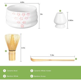 METOY Matcha Whisk Set, 4pcs Japanese Tea Set,Matcha Whisk,Traditional Scoop, Matcha Bowl, Ceramic Whisk Holder,Traditional Matcha Tool Set for Matcha Tea Ceremony (Cherry)