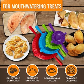 Magic Dumpling Maker Kit, Set of 4 - Mold Ravioli, Empanadas, Momos, Gyozas, Pot Stickers, Jamaican Beef Patties, Pierogi and Calzones - Wonton Dough Press and Pasta Making Tools