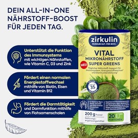 Zirkulin Vital Micronutrient Super Greens 200 g - Superfood with Spirulina, Wheatgrass & Chlorella - Supports the Immune System - 35 Ingredients for Energy Metabolism & Gut Health 20 Servings