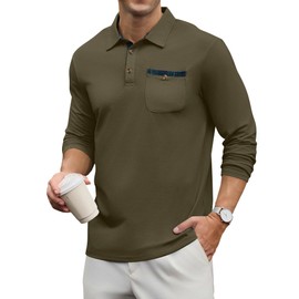 Mens Long Sleeve Polo Shirts Casual Classic Athletic Collar Plaid Button Golf T Shirts with Pockets Green