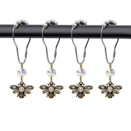 Decorative Bee Shower Curtain Hooks for Bathroom Shower Rod, Rust Proof Stainless Steel Shower Curtain Rings Set of 12 with Rhinestone Insect Bees Garden Flower Themed Bathroom Bathtub Decor (Gold)