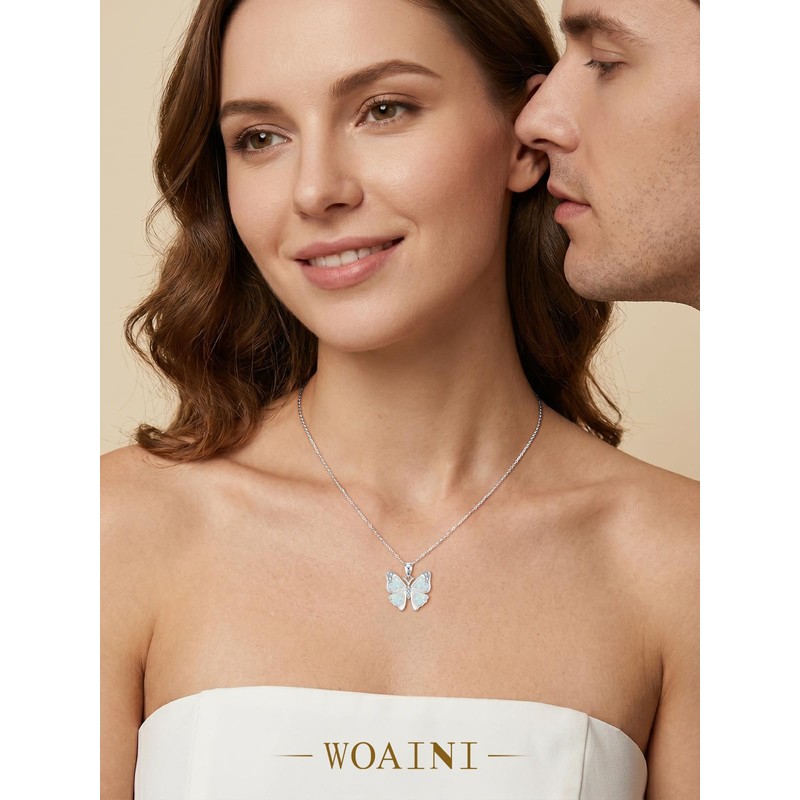 WOAINI Silver Butterfly Pendant Necklace for Women Opal Jewelry Gifts