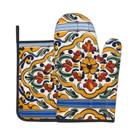 YYHWHJDE Mexican Ceramic Tile Printed Quality Oven Mitts and Pot Holders Sets of 2 Kitchen Baking Used to open pot lids in the kitchen