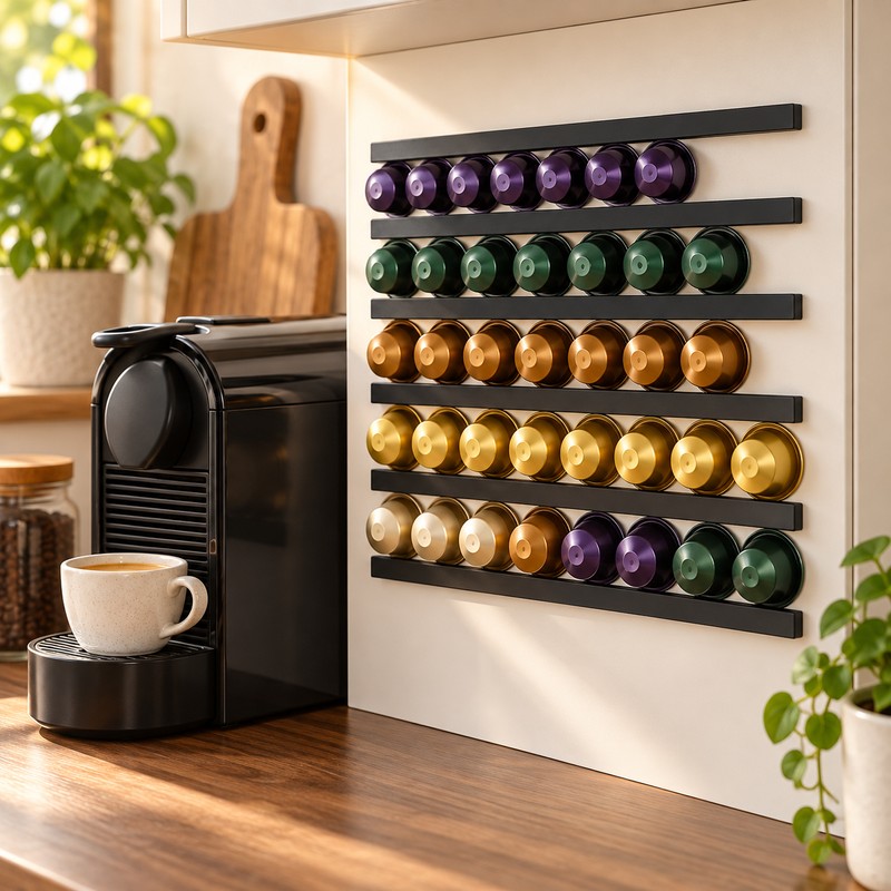 6-Piece Adhesive Coffee Capsule Holder Set, 30cm Wall-Mount Pod Storage