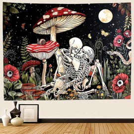 SIGISY Mushroom Skull Floral Tapestry, Skeleton Floral Wall Art, Moon and Plants Flower Tapestry, 51x59 Inches, Bedroom Decor