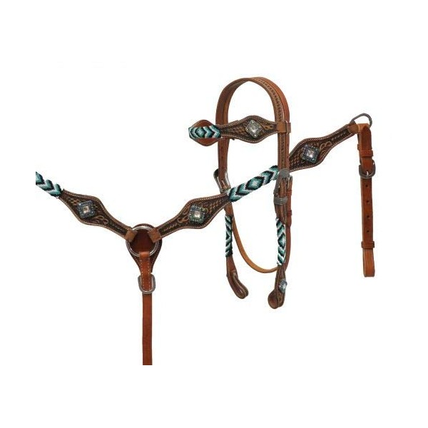 Showman Medium Oil Tooled Leather Headstall & Breast Collar w/Teal Beaded Overlays! New Horse TACK!