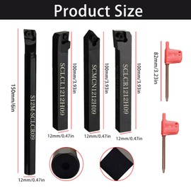 Lathe Lathe Tool Holder Bit Set S12M-SCLCR09 SCLCR1212H09 SCLCL1212H09 SCMCN1212H09 with 4 Indexable Carbide Turning Bits CCMT32.51/CCMT09T304 + 2 Wrenches