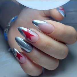 French Tip Press on Nails Medium Almond Fake Nails Independence Day False Nails with Star Designs Glossy Acrylic Nails Glue on Nails Stick on Nails for Women Girls Nail Decoration 24 Pcs