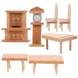JOINPAYA Miniature Dollhouse Furniture Set: 7pcs Wooden Dollhouse Accessories of Chairs Piano Clock Bookcase - Pretend Play Living Room Decor Montessori Toys Present for Ages 3+
