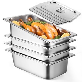 West Bay West Bay 4 Pack 1/3 Hotel Pan with Lids, 4' Deep Steam Table Pan with Lid, 13'L x 6.8'W Stainless Steel Pans for Home, Party, Hotel, Buffet