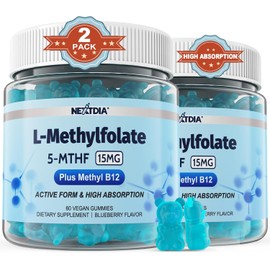 L-MethylFolate 15mg & Methyl B12 Gummies, Methylated B1, B2, B6 Multivitamins - Active 5-MTHF & High Absorption - Supports MTHFR Gene, Cognition, Homocysteine Levels, Folate Metabolism, Vegan, 120 Cts