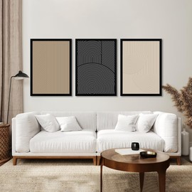 FWAHREN Framed Modern Abstract Minimalist Neutral Canvas Wall Art, Geometric Textured Line Mid Century Prints Artwork, Contemporary Japandi Wall Decor, Living Room Bedroom Office, Set of 3, 16x24in