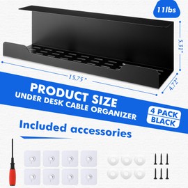 Chengu 4 Pack Under Desk Cable Management Tray, 16" No Drill Steel Desk Cord Organizers Wire Management Tray, Cord Hider Under Table Cable Basket for Office Home, Black