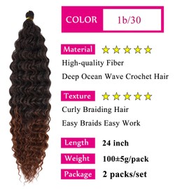 Deep Ocean Wave Crochet Hair 24 Inch Curly Ocean Deep Wave Wavy Braiding Hair 2 Packs 1b/30 Ombre Brown Boho Hair for Braiding Boho Curls Braids Extensions