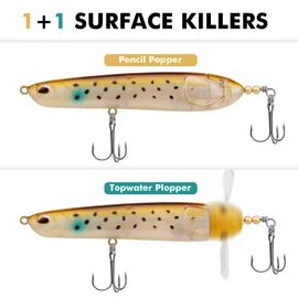 TRUSCEND Señuelos Flotantes de Pesca con Doble Cola Giratoria Flotante, Lápiz de Superficie, Anzuelo de Bajo de Alta Calidad con Sonajero