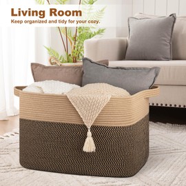 XXXL Supre Large Blanket Basket for Clothes, Towels, Pillows, 108L Cotton Rope Storage Basket for Living Room, Supre Large Woven Toy Storage for Kids, 25" x 16" x 16", Brown and Black