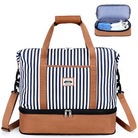 Lekesky Underseat Cabin Bag for Ryanair 40x20x25cm – Foldable Travel Duffel with Shoe Bag & Wet Pocket, for Weekend, Overnight, Gym, Sports or Hospital(A-blue Striped)