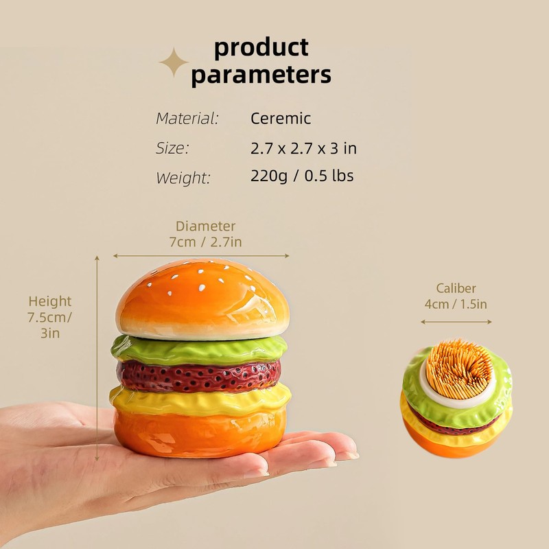 Lifelisa Cute Hamburger Toothpick Holder with Lid, Ceramic Toothpick Dispenser
