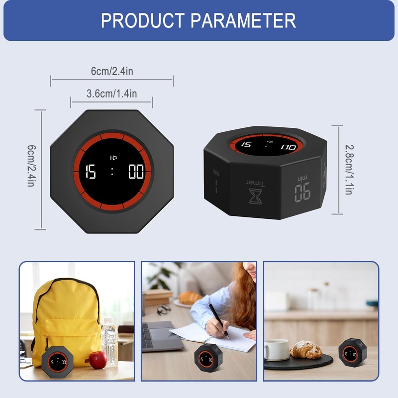 Cuteefun Cube Timer, Octagon Rotation Pomodoro Timer, 1/3/5/15/30/60/90 Minutes Countdown
