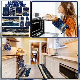 Fourluoo 10 Pcs Marble Kitchen Dish Towels Rugs Oven Mitts and Pot Holders Sets Marble Farmhouse Kitchen Decor Set for Cooking Baking Daughter Mom Gift Kitchen Decor(Blue)