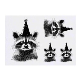 4 x 'Raccoon with Party Hat' Temporary Tattoos - Water Resistant, Skin-Safe, Non-Toxic Transfers, Mixed Sizes (TO00081198)