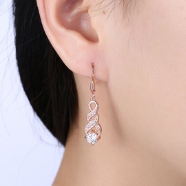 Fashion 14K Rose Gold Cubic Zirconia Infinity Dangle Drop Earrings For Women Lady Sensitive Ears CZ Crystal Wedding