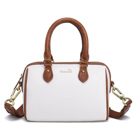 INICAT Barrel Bag for Women Top Handle Satchel Shoulder Boston Bags Crossbody Purse Handbag with Detachable Long Strap(Brown White)