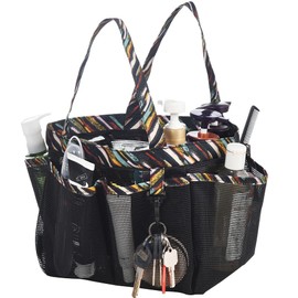 WEHUSE Portable Shower Caddy for College Dorm, Large Black Mesh Shower Bag with Hook, 7 Pocket Bathroom Tote Shower Basket for Camping Gym