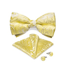 DiBanGu Mens Pre-Tied Bow Tie Adjustable Bow Tie with Woven Pocket Square Cufflink Formal Wedding Party, White and yellow paisley pattern
