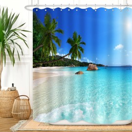 ZXMBF Ocean Beach Shower Curtain Blue Sky Sea Tropical Palm Trees Seaside Landscape Bath Curtain Waterproof Fabric Bathroom Décor 60x72 Inch Plastic Hooks 12PCS Ocean Green