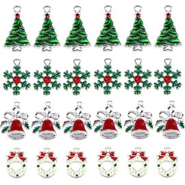 24 Pack Christmas Assorted Enamel Charm Pendant Xmas Tree Snowflake Bell Garland Dangle Pendants for Necklace Bracelet Earring Anklet DIY Jewelry Making Crafting Accessories Decorations Silver Plated
