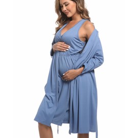 QTECLOR Mommy Robe for Maternity with Matching Swaddle Blanket, Delivery Labor Robe for Hospital Women Dress (US, Alpha, XX-Large, Regular, Regular, 5SetA29Blue)