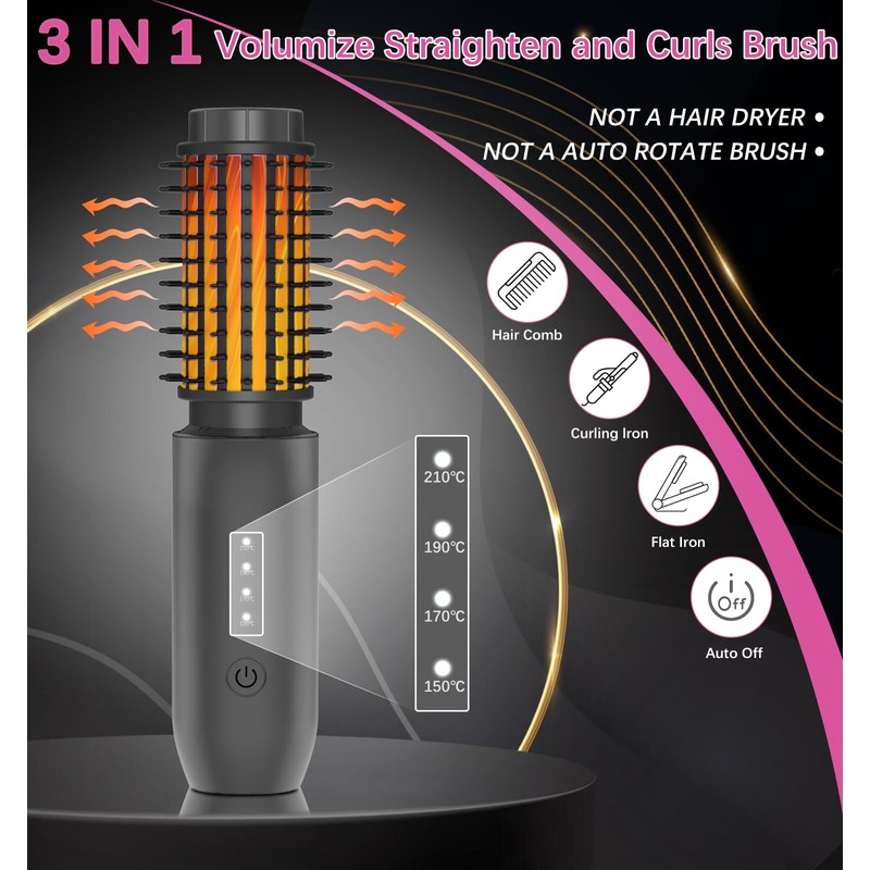 Cordless Hair Curling Iron Brush, Travel Hot Straightener Comb Curl