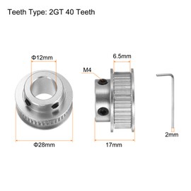 sourcing map 2pcs 2GT Timing Pulley 40 Teeth 12mm Bore 28mm Dia. Aluminum Timing Belt Pulley with Hex Wrench for 6mm Width Belt 3D Printer CNC Machine Accessories, Silver Tone